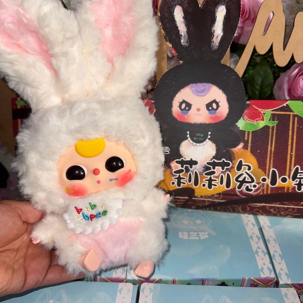 Baby three Plush Bunny Toy with Pink Ears